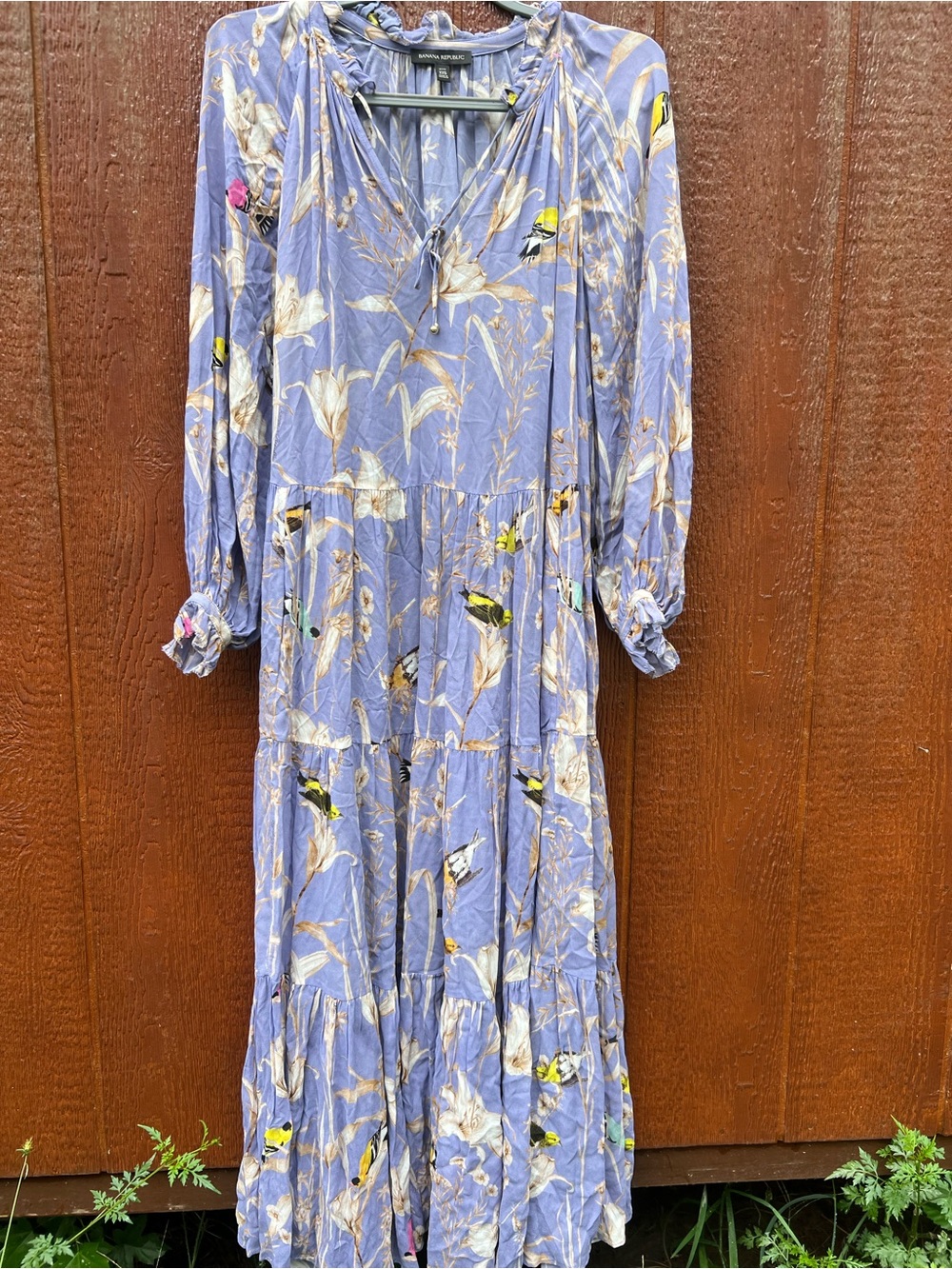 Banana Republic Lavender Bird & Floral Print Tiered Maxi Dress XXS Blogger Fav - Picture 2 of 5
